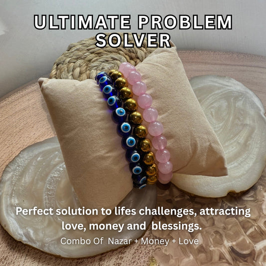 Ultimate Problem Solver Combo – Golden Hematite, Rose Quartz & Evil Eye Bracelet