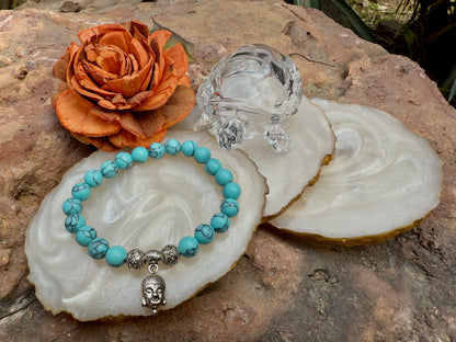 Turquoise Buddha Charm Gemstone Bracelet – Stone of Healing, Protection & Wisdom