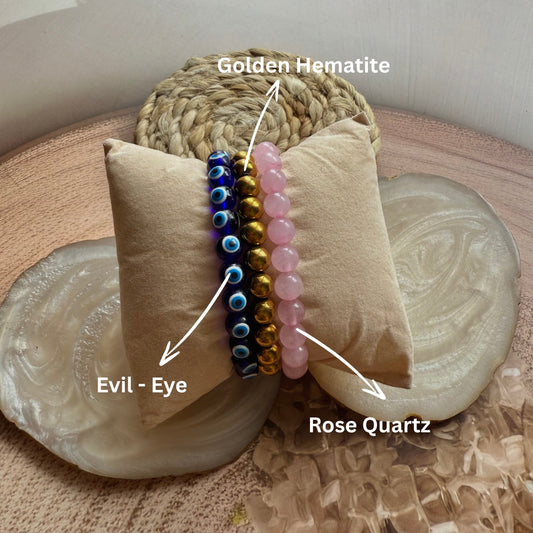 Ultimate Problem Solver Combo – Golden Hematite, Rose Quartz & Evil Eye Bracelet