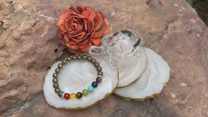 7 Chakra Pyrite Bracelet – Natural Healing Crystal for Wealth, Balance and Protection